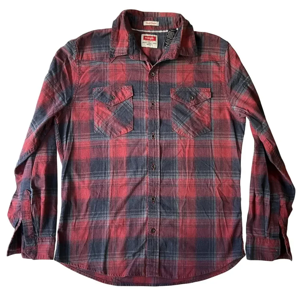 Wrangler Men Button Up Shirt M Red Plaid Flannel Western Long Sleeve
